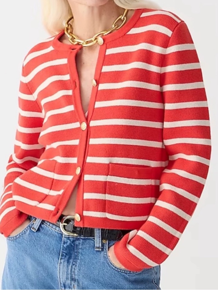 J. Crew Red And White Striped Button-Up Cardigan